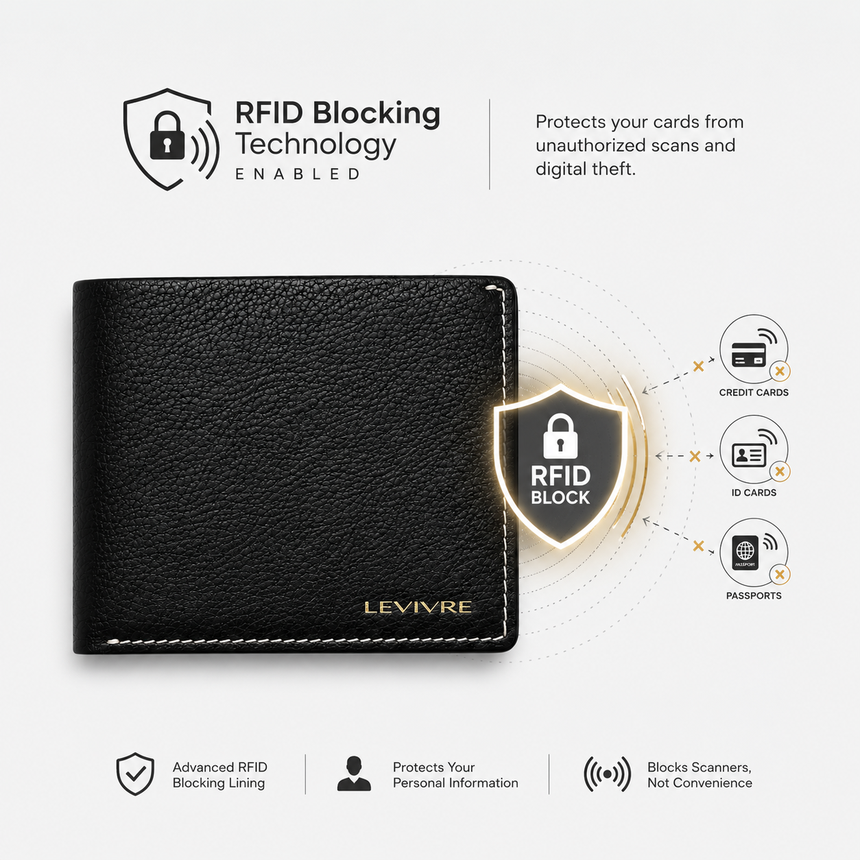 RFID Blocking Technology - Levivre Flat Grain Billfold Wallet