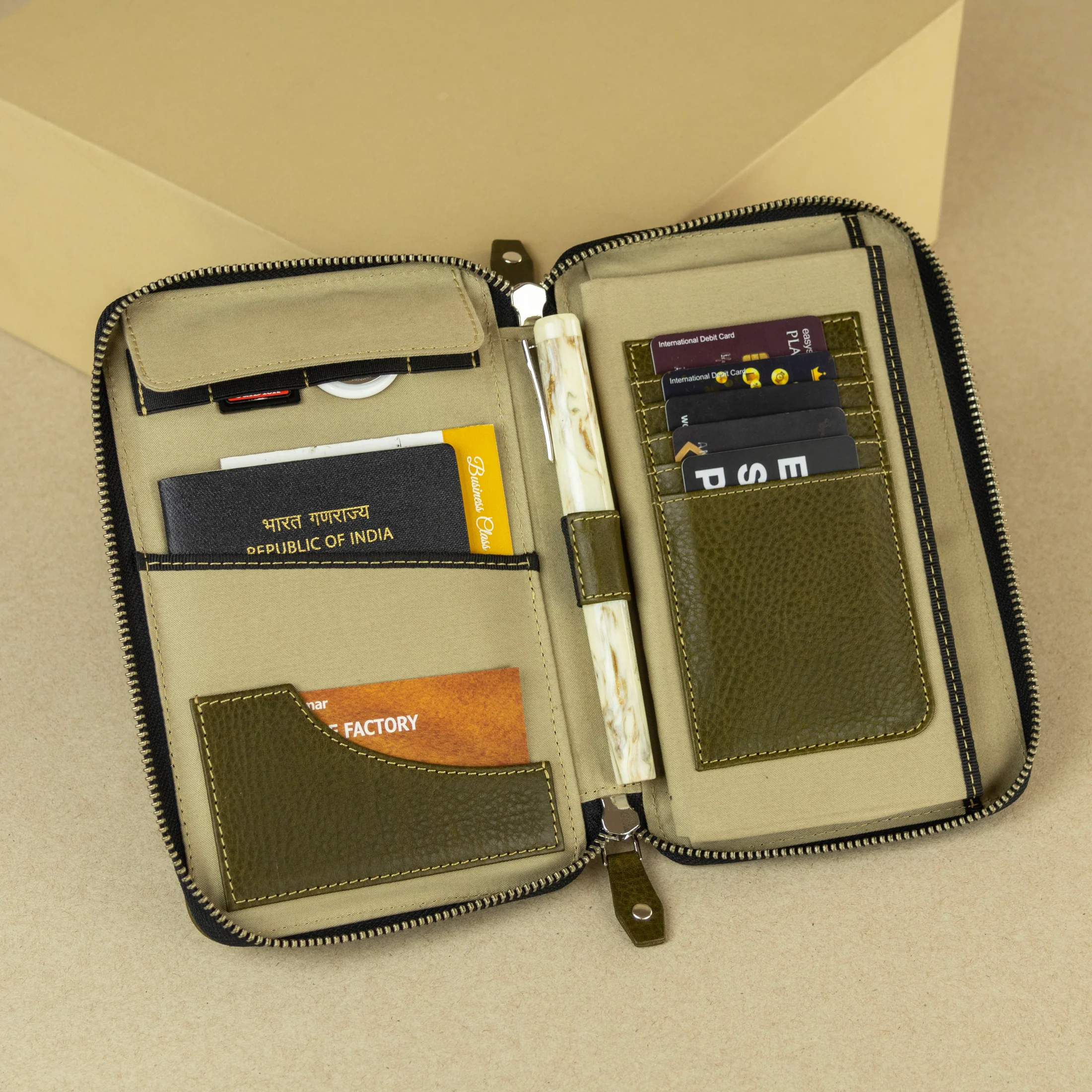 Olive Green Leather Passport Holder | Zipper Closure